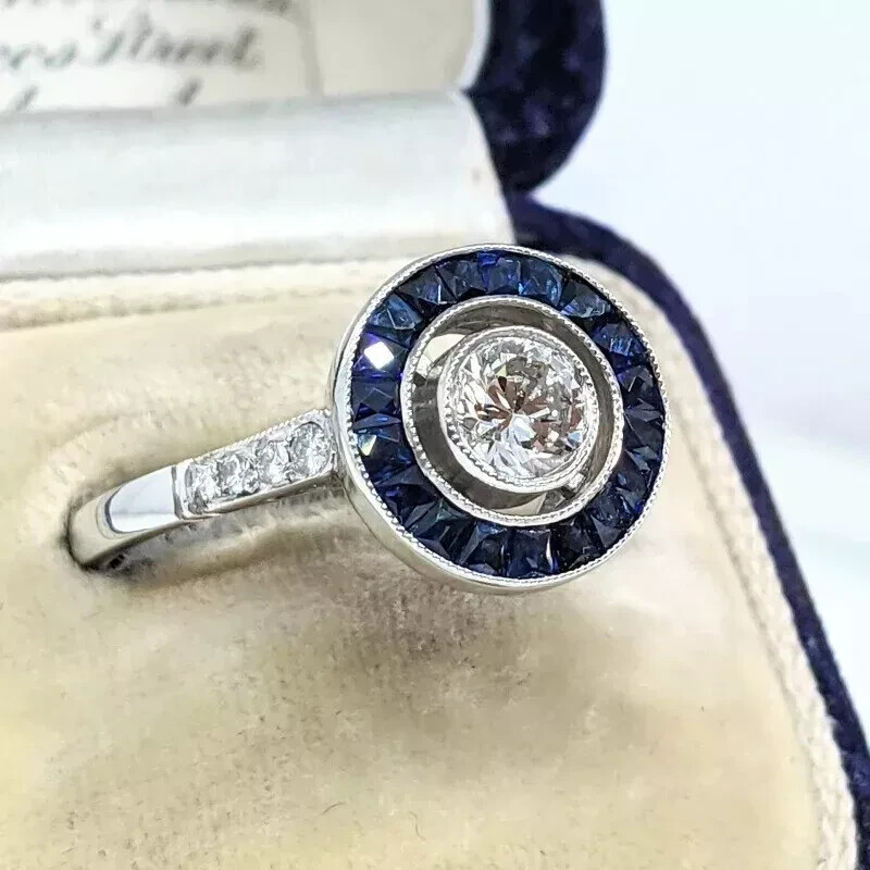 Art Deco Style Lab Created Diamond & Sapphire 14K White Gold FN Engagement Ring