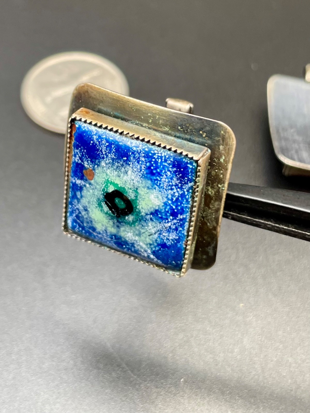 Vintage Mid Century Modernist Enamel Square Silver Tone Cufflinks Blue Abstract