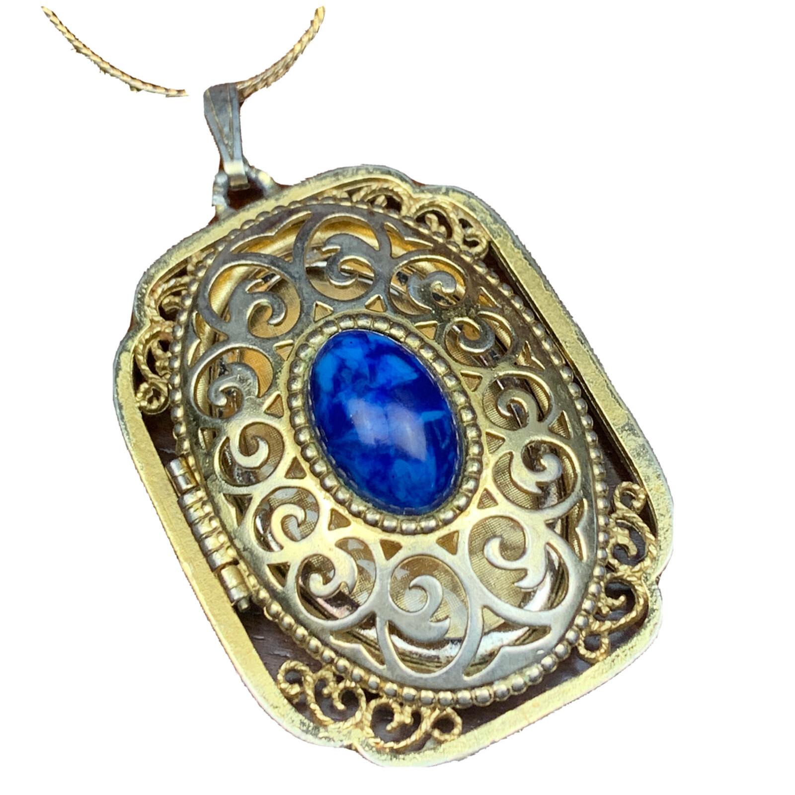 Vintage Necklace Signed Avon Hidden Picture Locket Faux Lapis Lazuli￼ Pendant 22