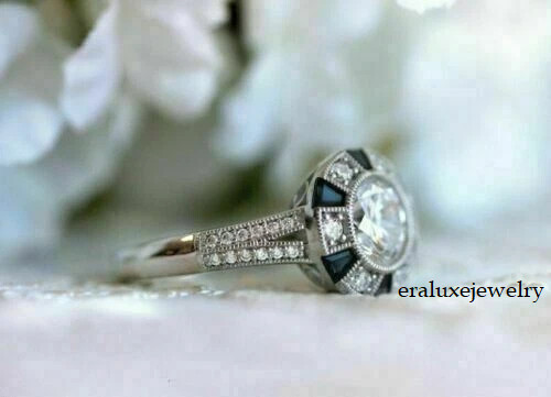 Art Deco Round Lab Created Diamond & Sapphire Wedding 14K White Gold Finish Ring