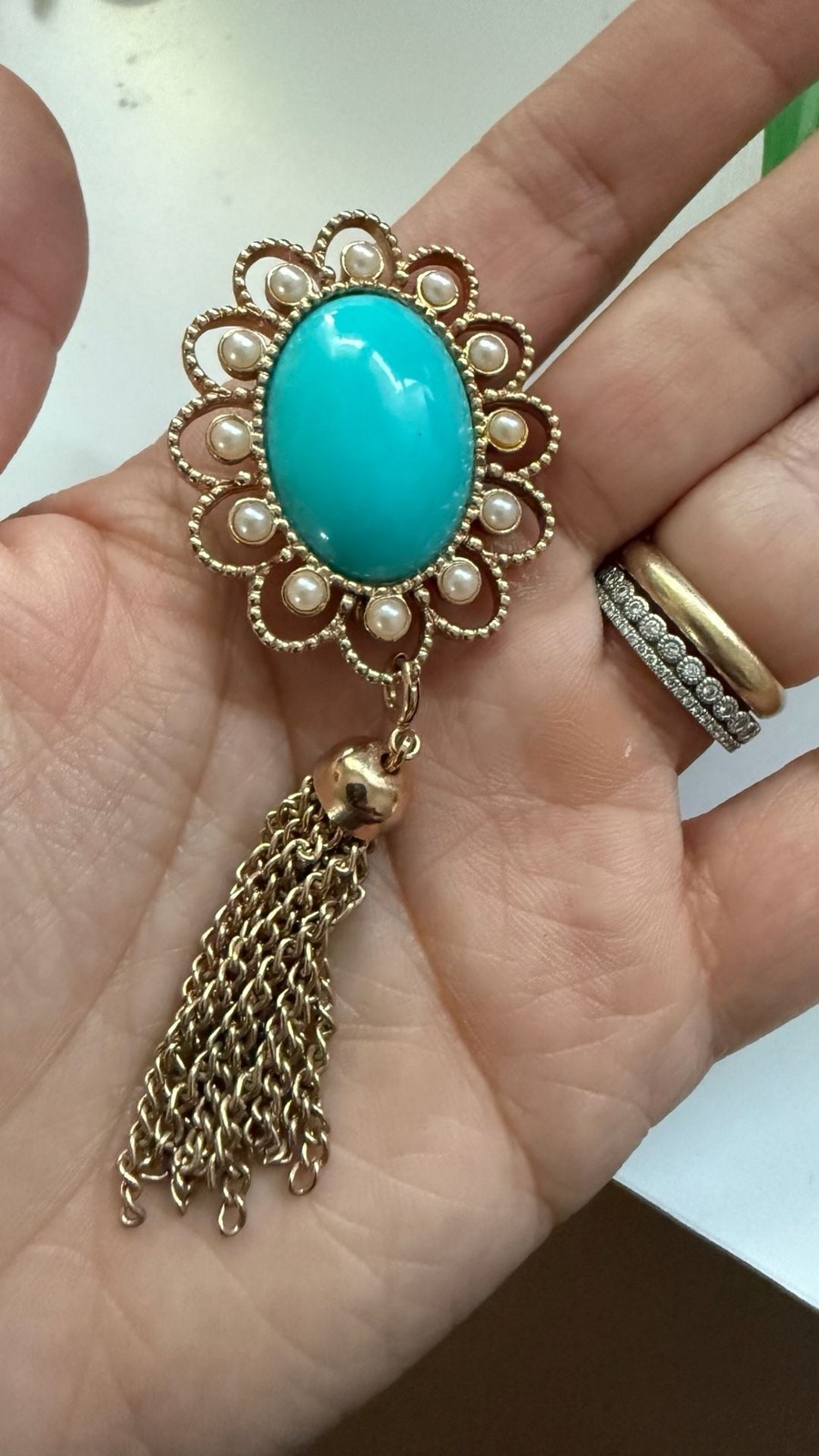 Vintage Sarah Coventry Turquoise Cabochon and Faux Pearl Tassel Brooch