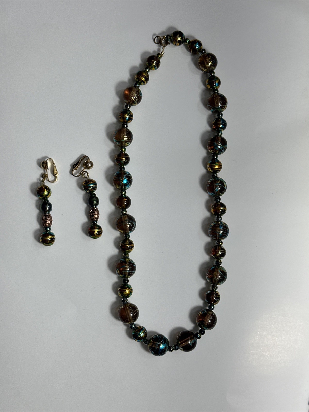 Vintage Iridescent Glass Bead Necklace Brown Green Matching Earrings