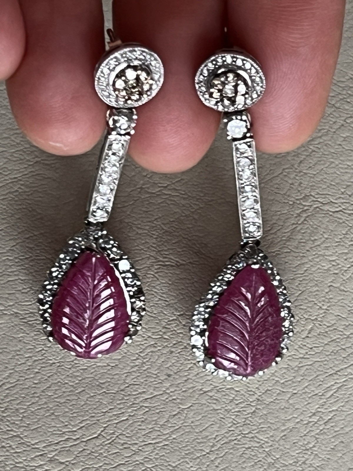 Large 14K Solid Gold Authentic Natural Ruby Diamond Leaf Earrings AGI Certified!