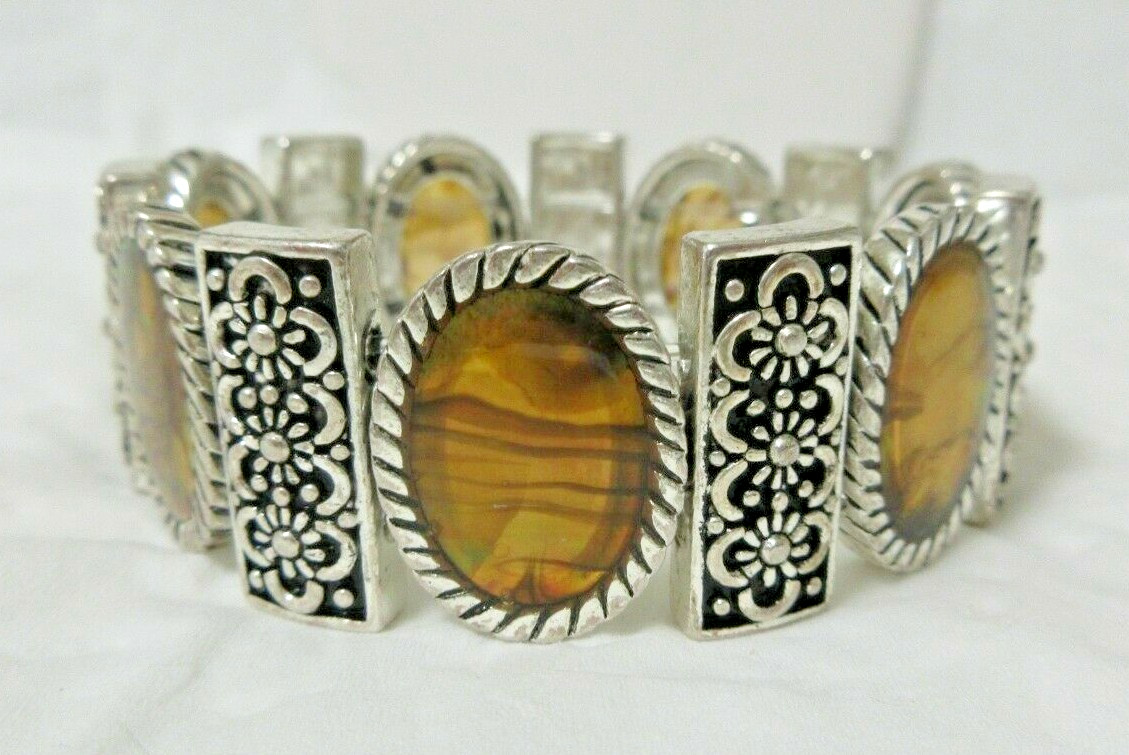 Vintage Ornate Silver Tone Rectangular & Oval Golden & Brown Inserts Bracelet 7″
