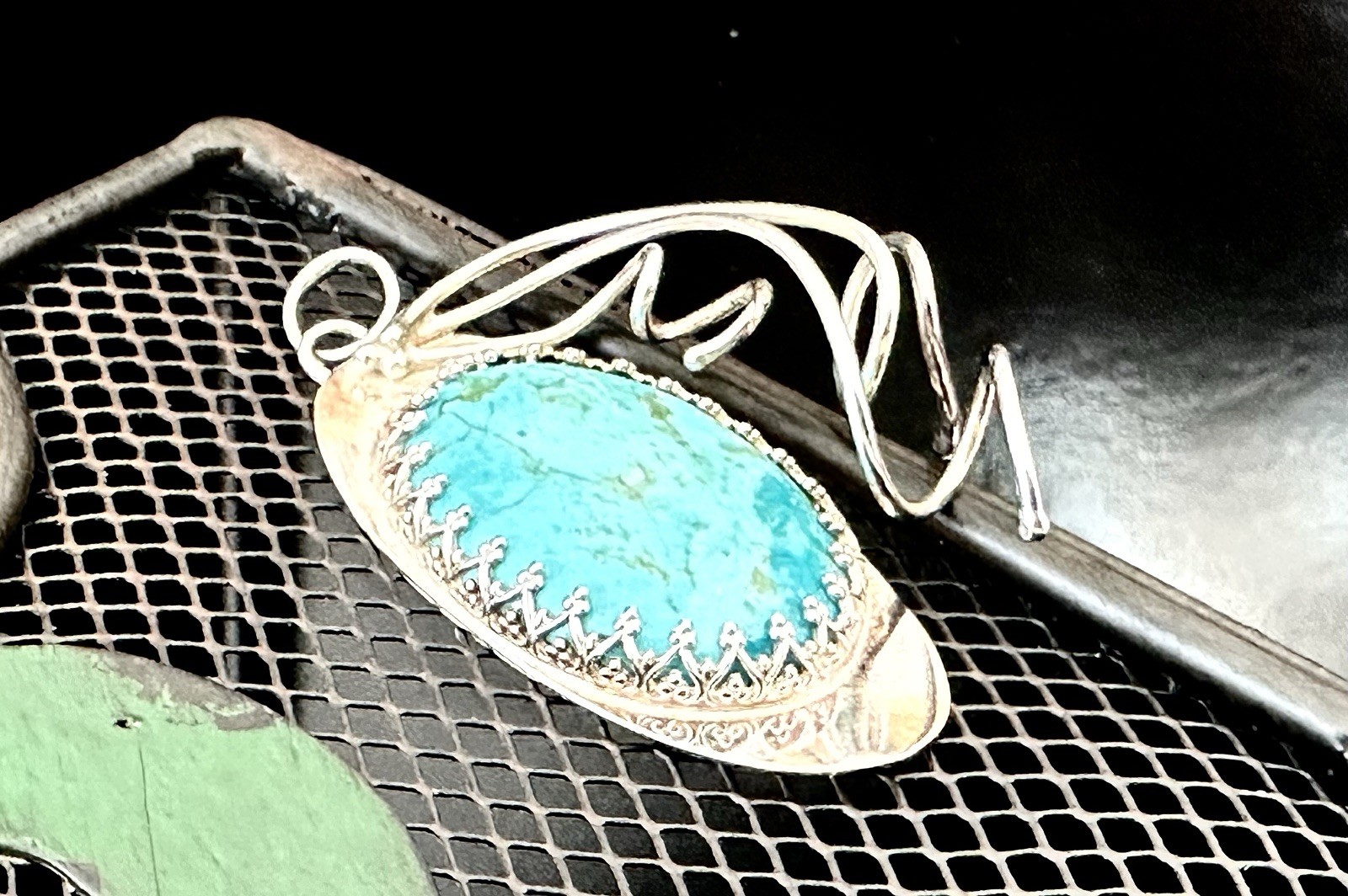 Sterling Silver 925 Abstract Turquoise Vintage Modernist Retro Pendant Handmade