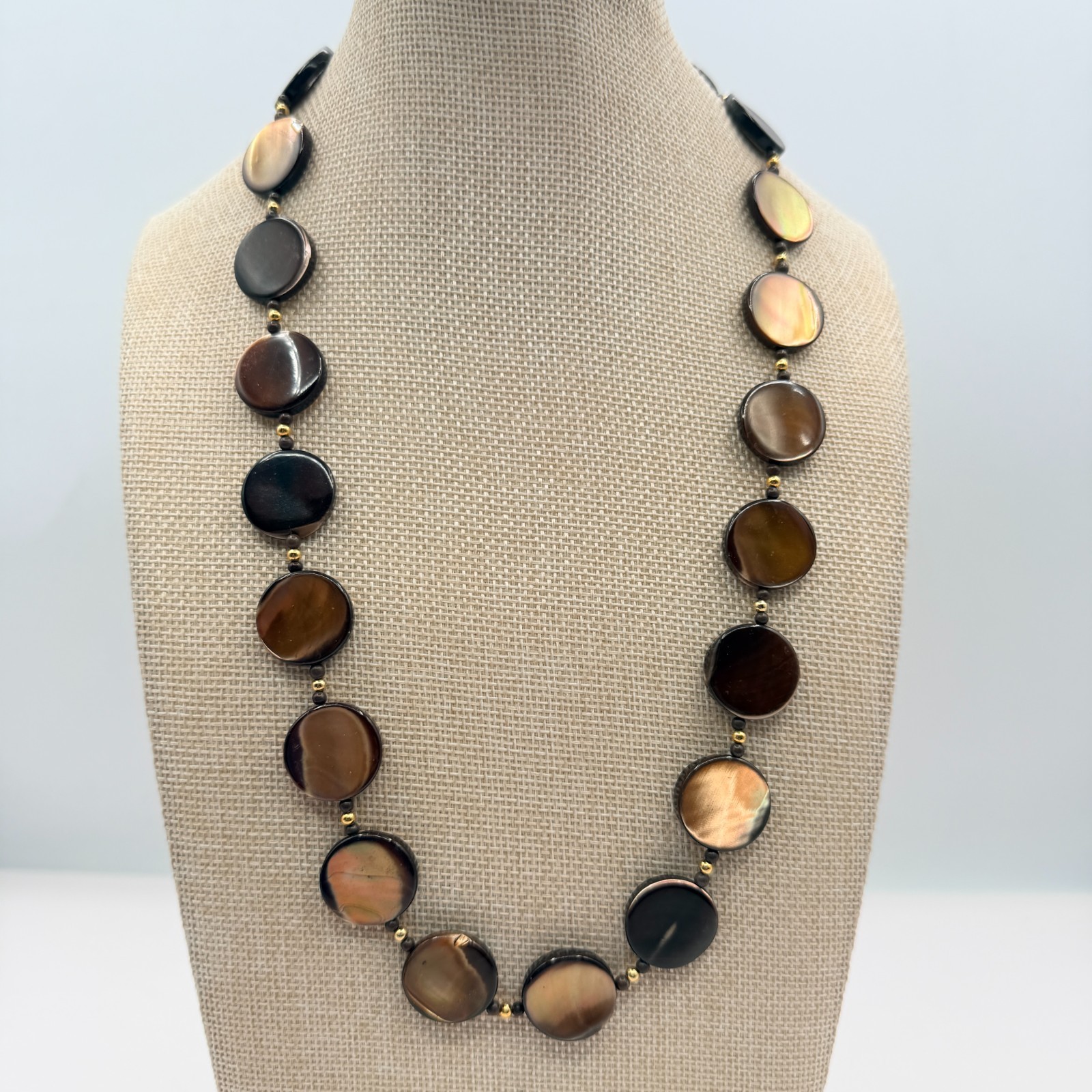 Vintage Golden Brown Shell Disc Necklace MOP Retro Boho 90s Chunky Statement