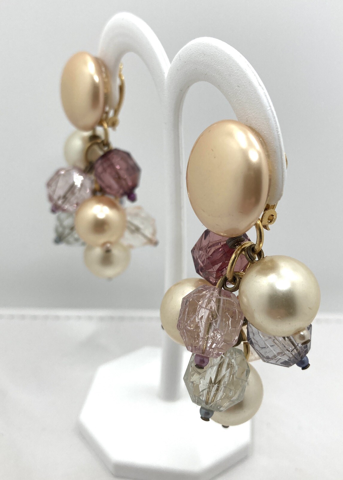 Vintage CHAMPAGNE FAUX PEARL LAVENDER Bead Cluster 3″ Dangle Earrings SNAZZY