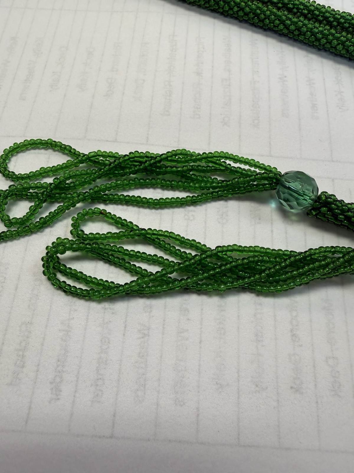 VTG 1920’S STYLE FLAPPER NECKLACE w-green GLASS MICRO BEADS LARIAT-TASSELS 45″