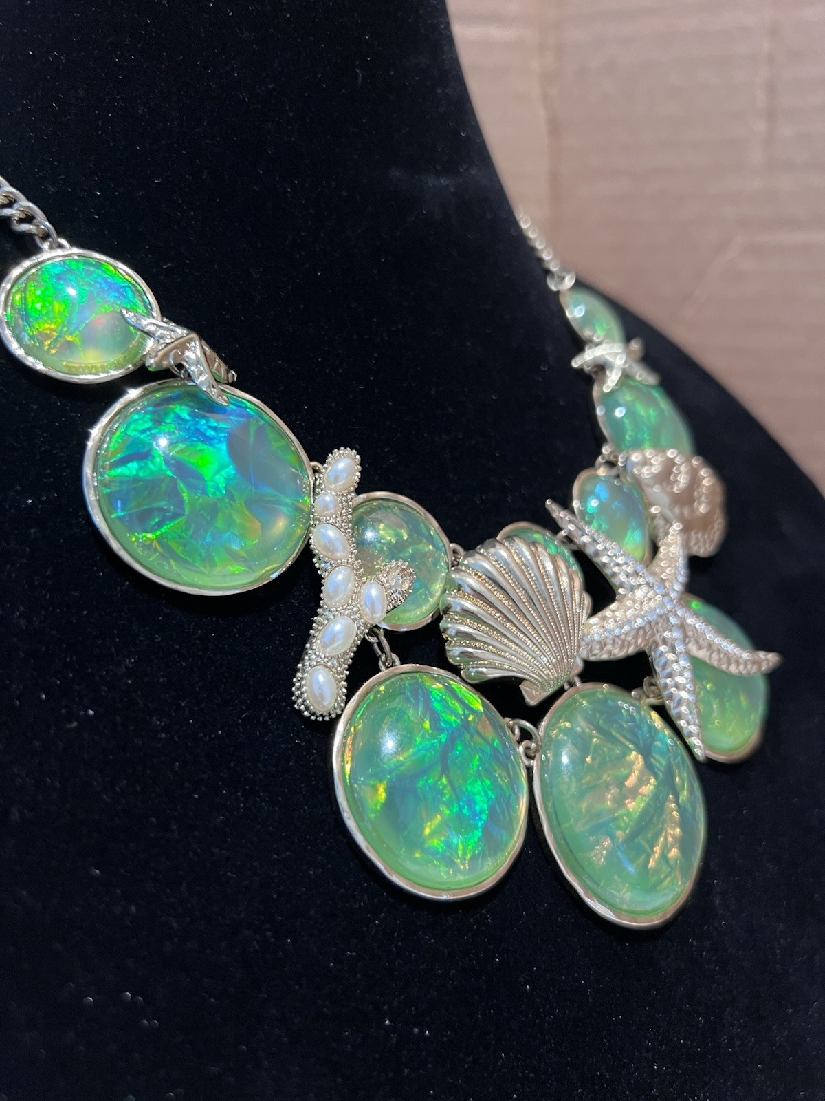 Statement MermaidCore Sea Life Bib Necklace Iridescent Green Sea Opal Starfish
