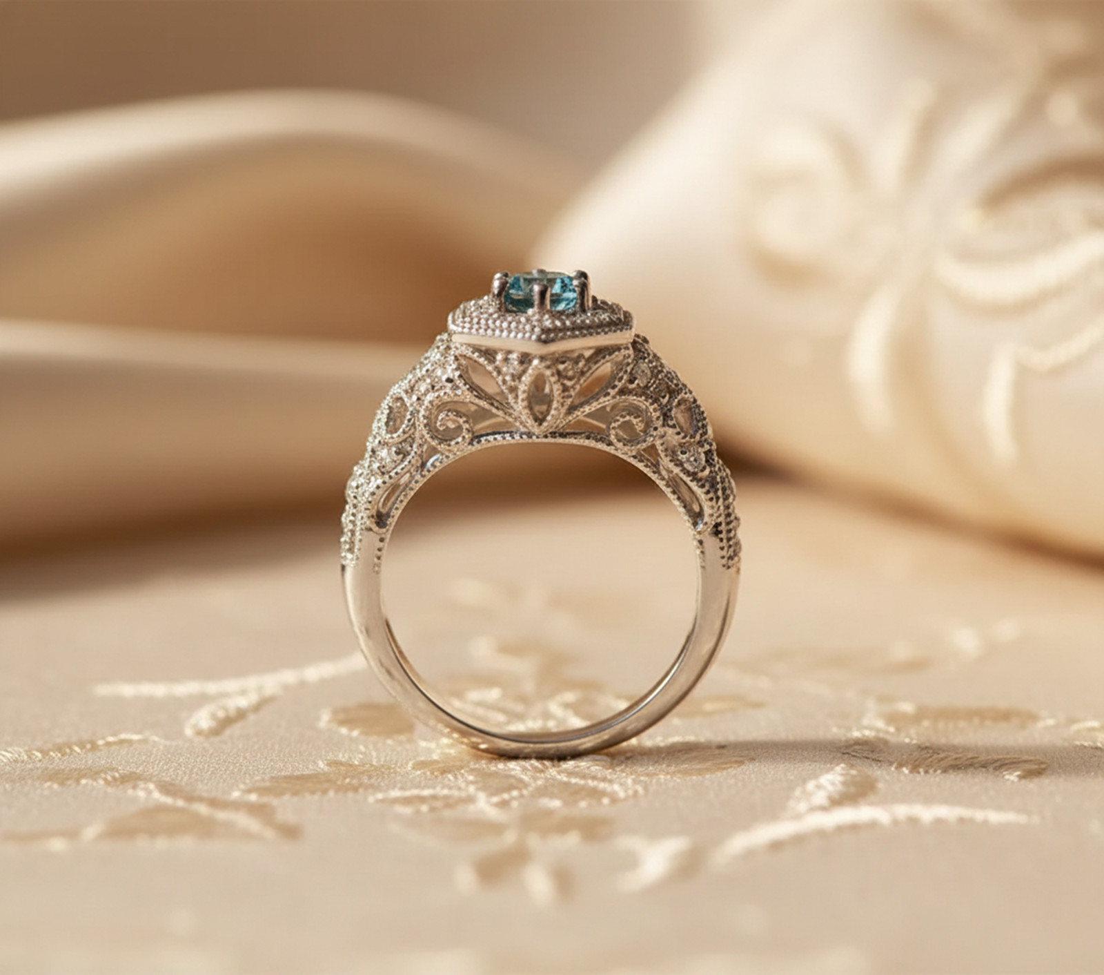 Filigree Art Deco Vintage Inspire Classic Wedding Ring 925 Silver Aquamarine CZ