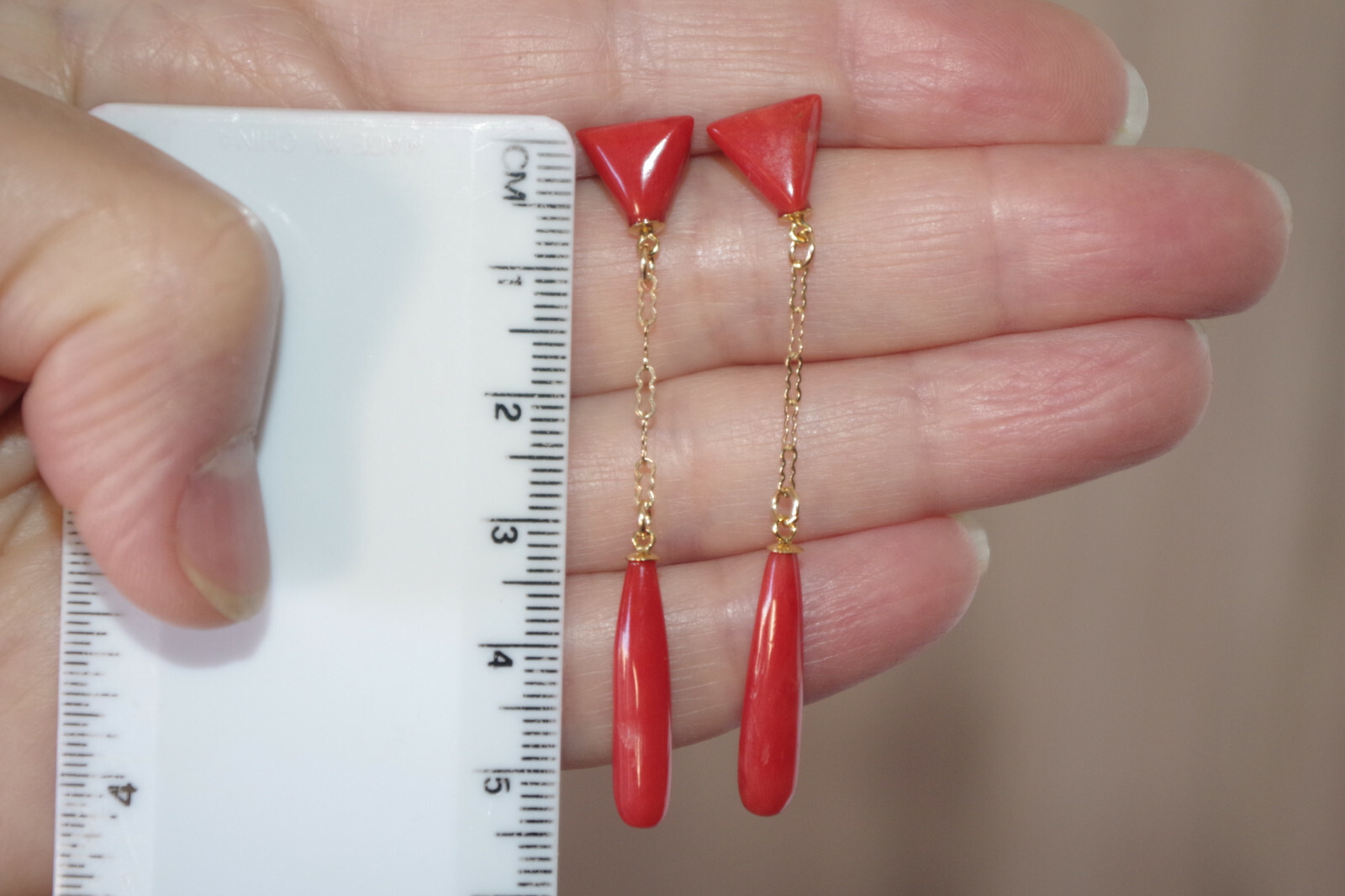14K 52MM Ox Red Italian Triangular Stud Coral Teardrop Earrings Made to Order