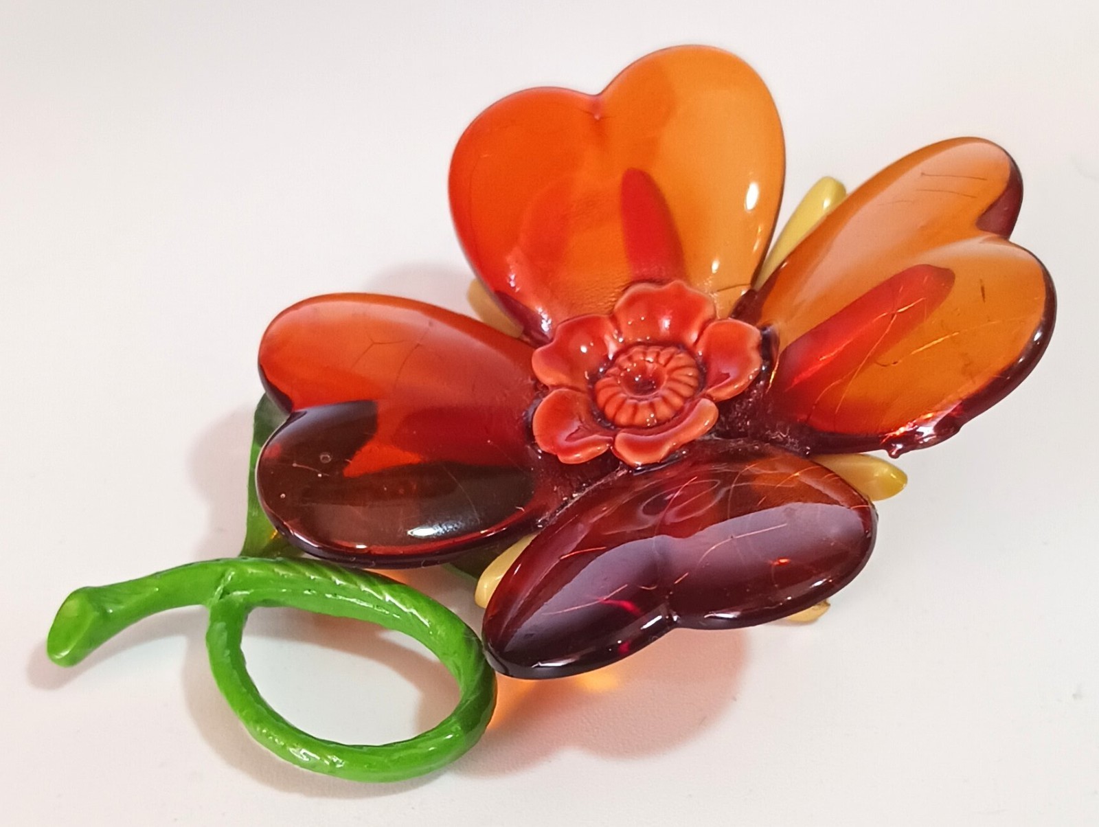 Vintage Orange, Yellow & Green Plastic (Cellulose Acetate?) Flower Brooch