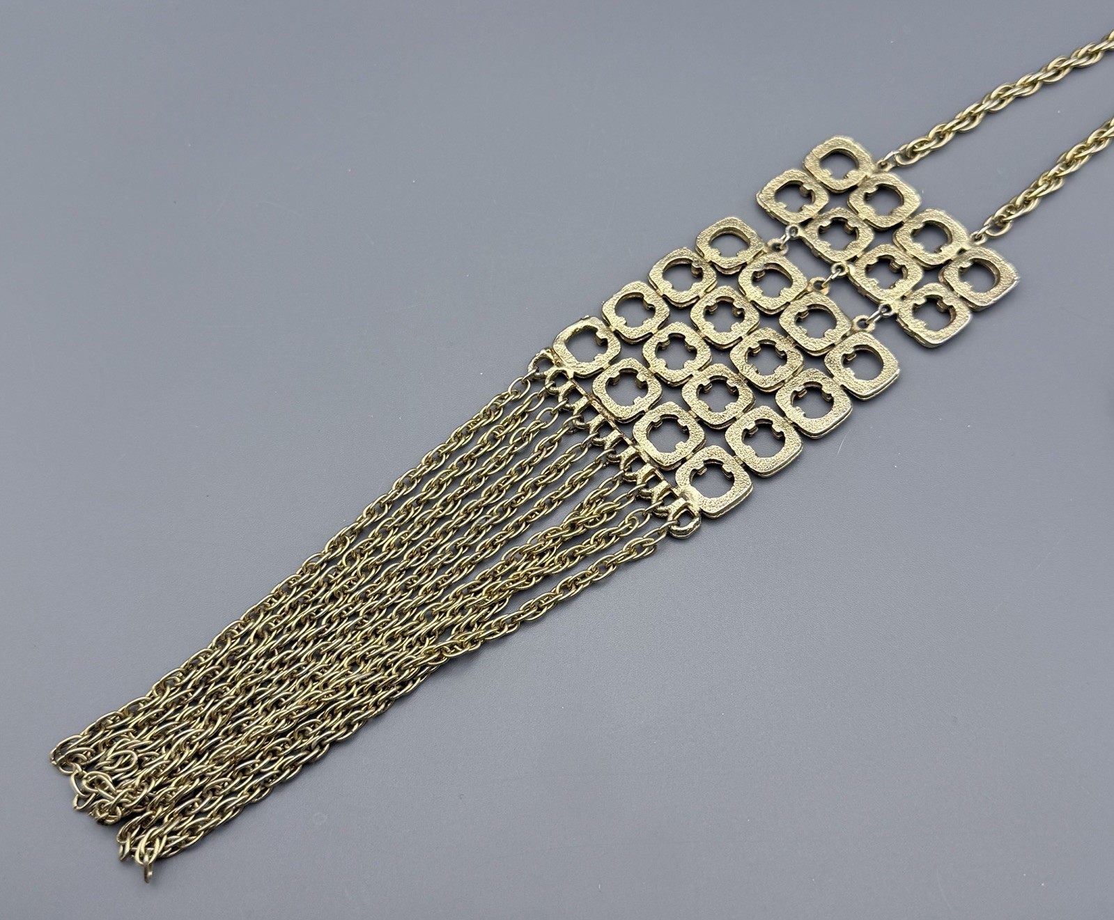 VTG 60s Gold Tone Tassel Chain Necklace Abstract Geometric Pendant Statement