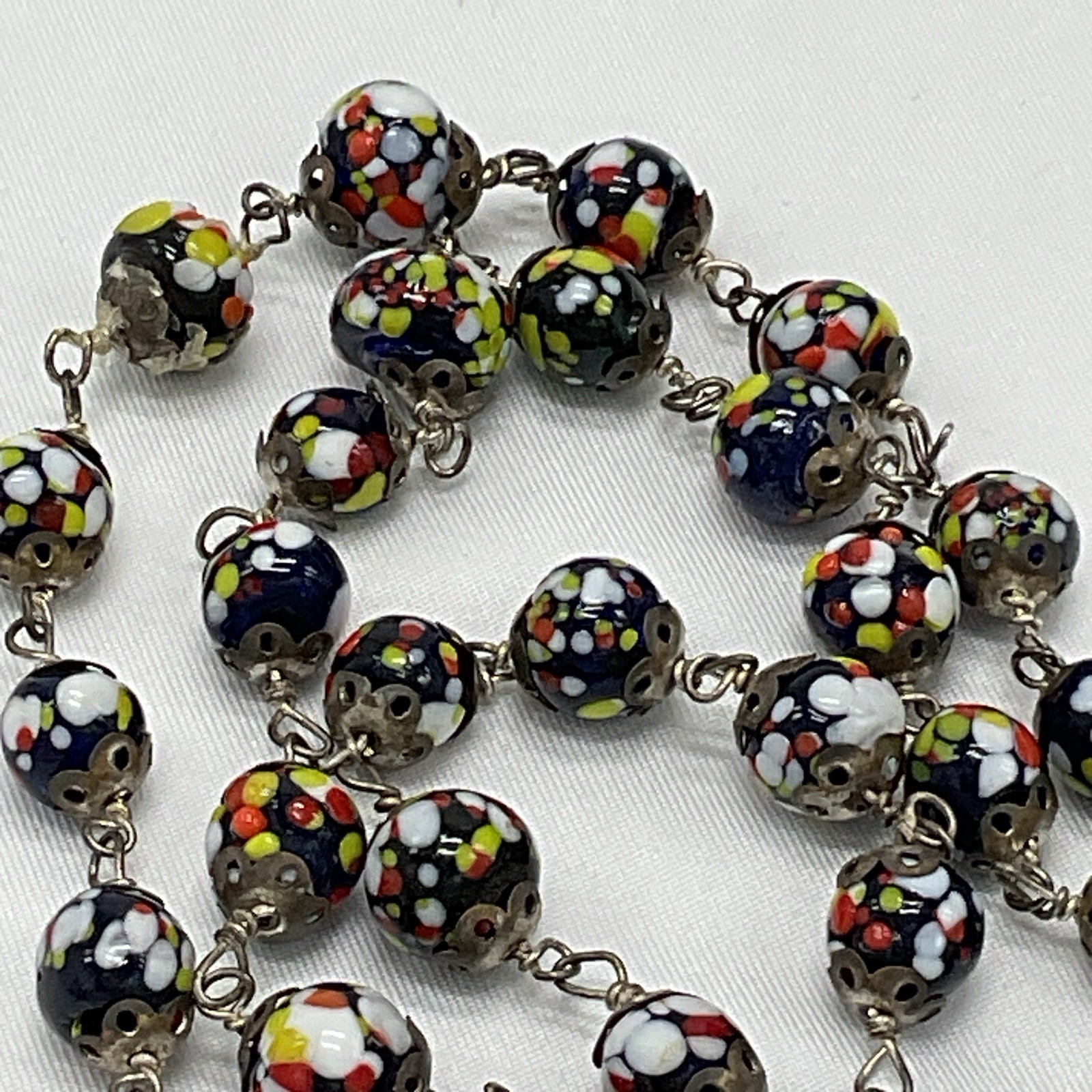 Vintage Millefiori Glass Bead Necklace Murano Style Wire Linked 22” Italy READ