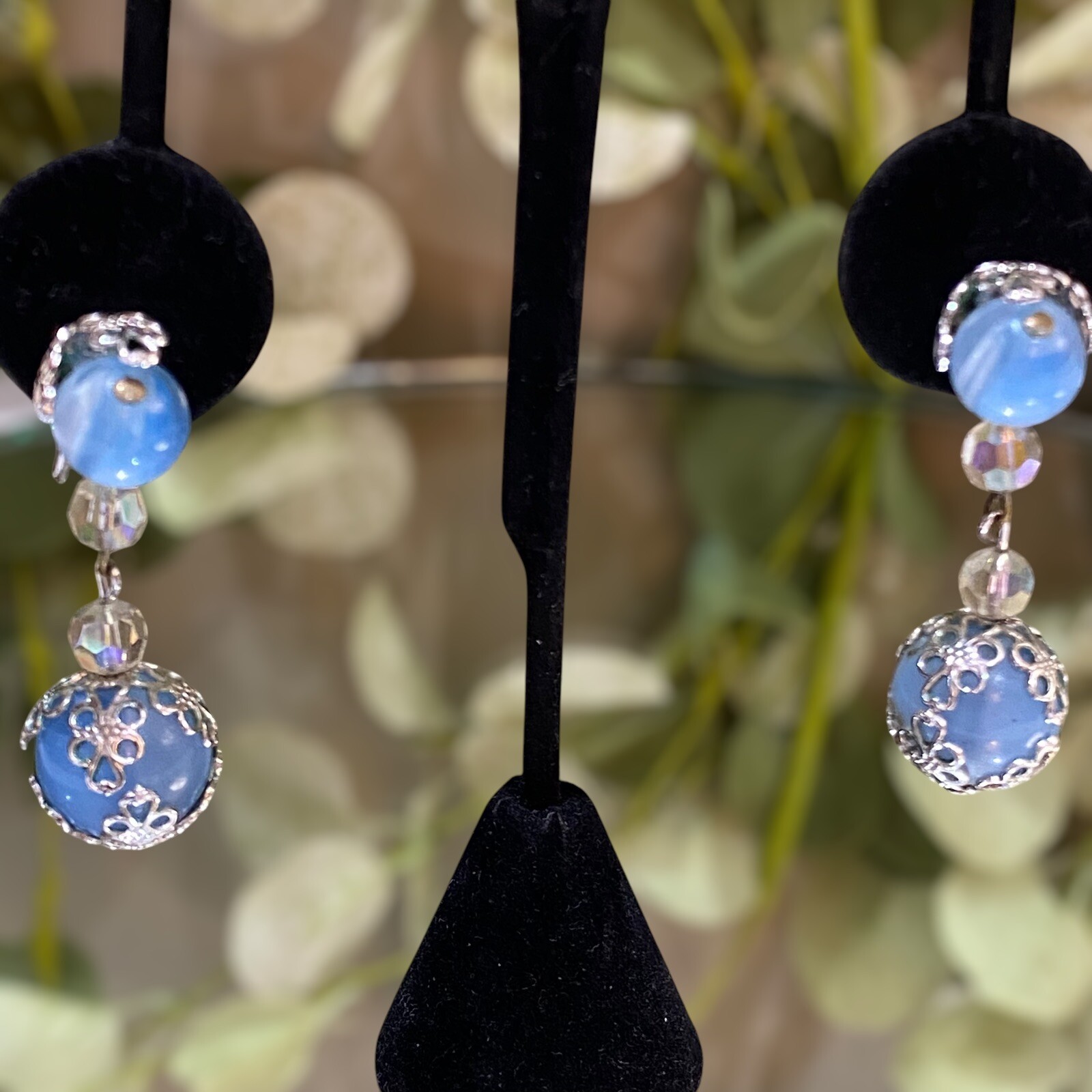 Vintage Coro Signed Blue Silver Beaded Drippy Drop Clip Earrings Filigree