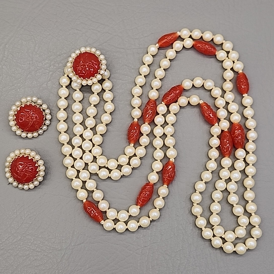 Vtg Bead Necklace Earrings Faux Pearls Layered Peach Art Glass Hong Kong 31″