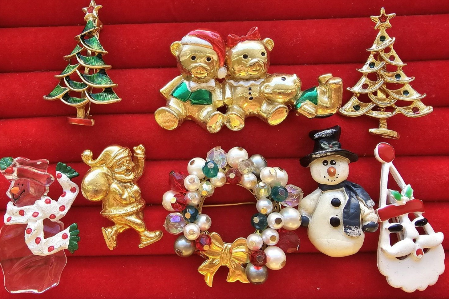 Vintage Christmas Brooch Pins Jewelry Lot Santa Tree Angel Snowman Wreath AJC