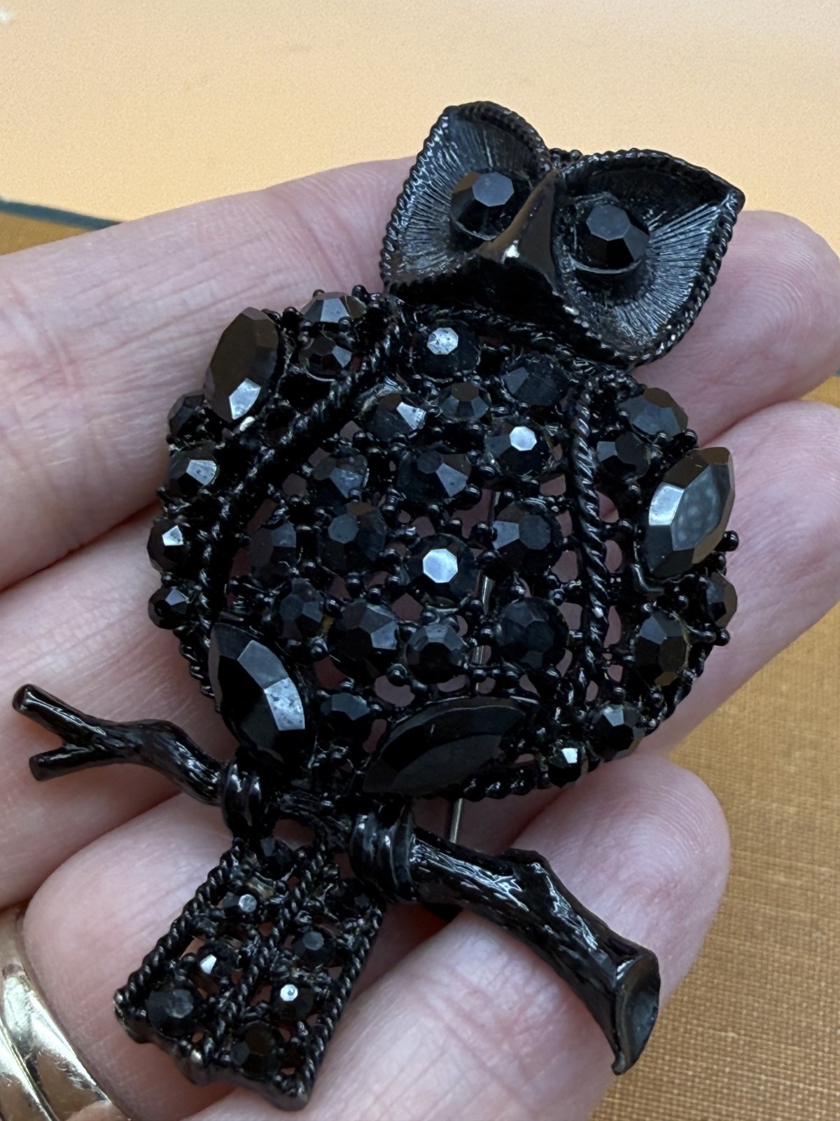 Vintage Owl Figural Black Rhinestone Black Metal Brooch Unsigned