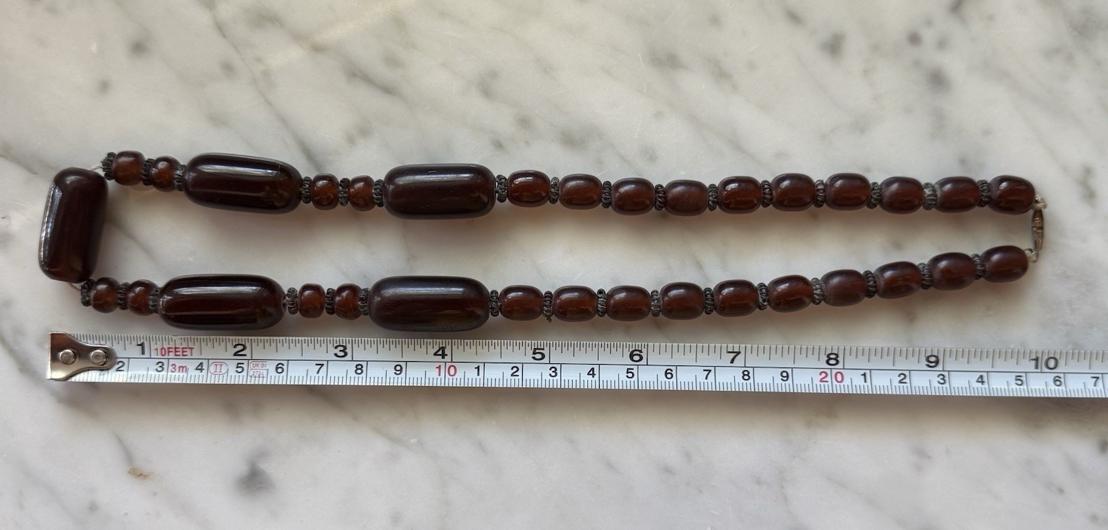 Vintage Cherry Amber Color Phenolic Resin Barrel Bead Necklace 20” 53g
