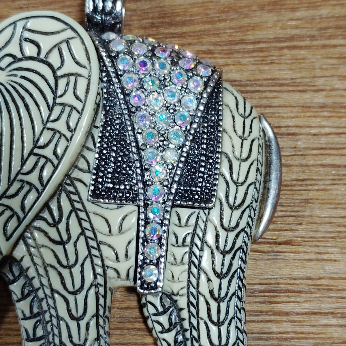 Carved African Elephant Pendant Rhinestones Silver Accents Large Jewelry