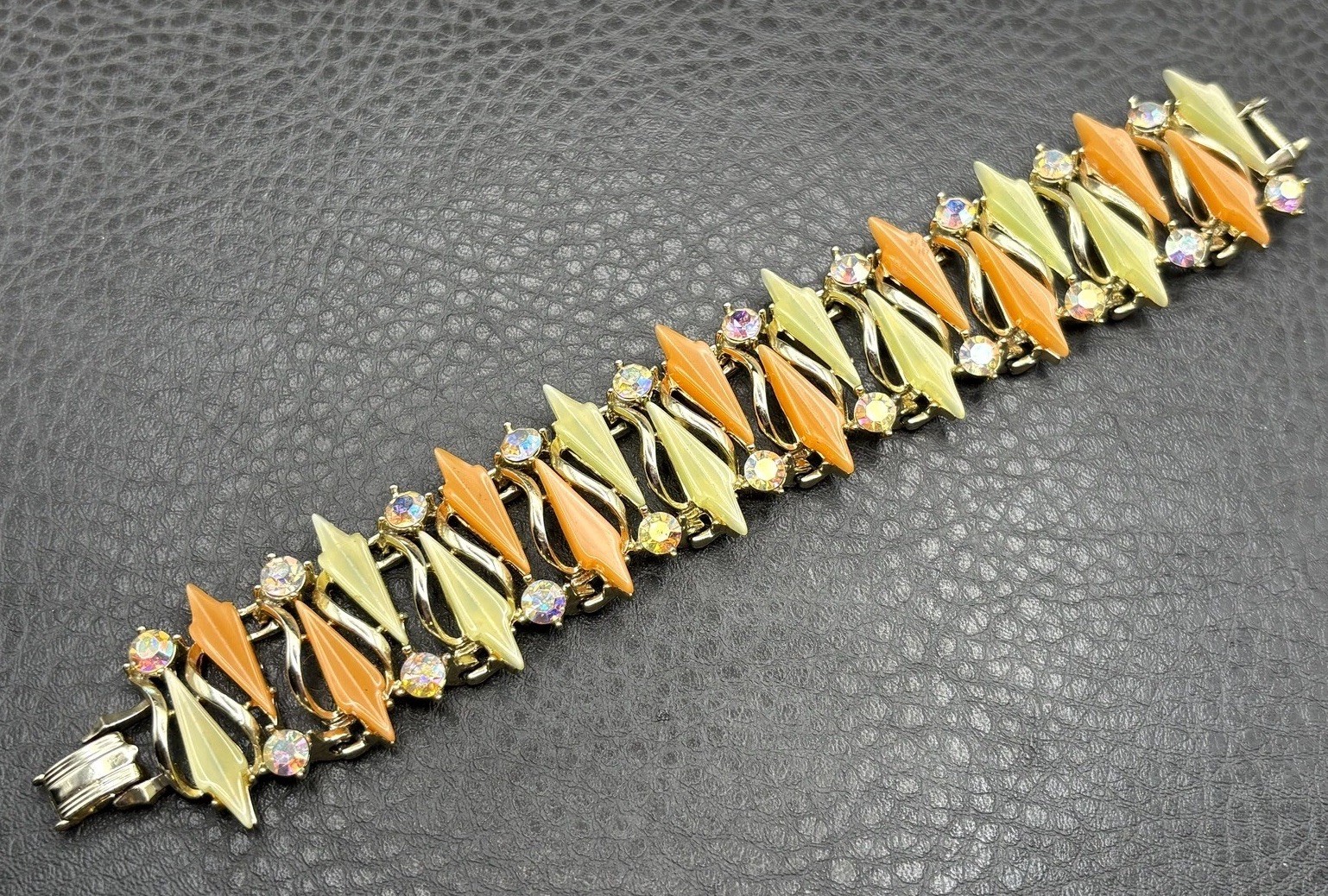 VTG Thermoset Green Orange Leaf Mod Bracelet Aurora Borealis AB Rhinestone
