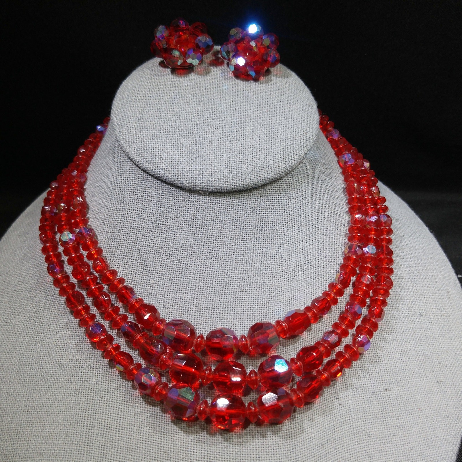 Vintage Czech Red Glass AB 3 Strand Necklace Earrings Set 1950s
