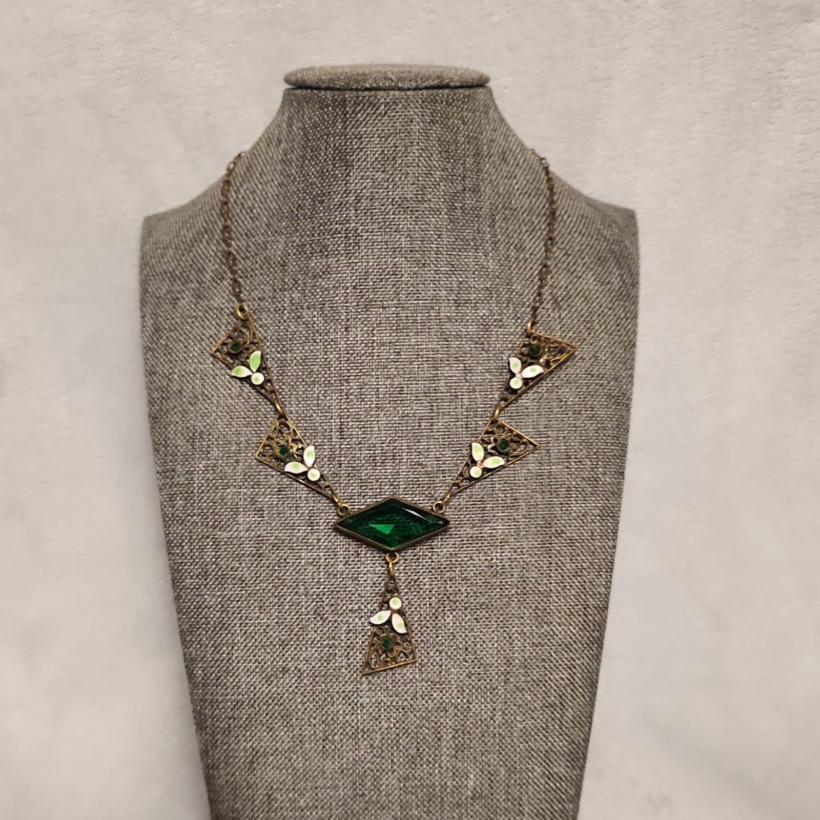 Vintage 1920’s transition style brass, enamel, green glass paste necklace