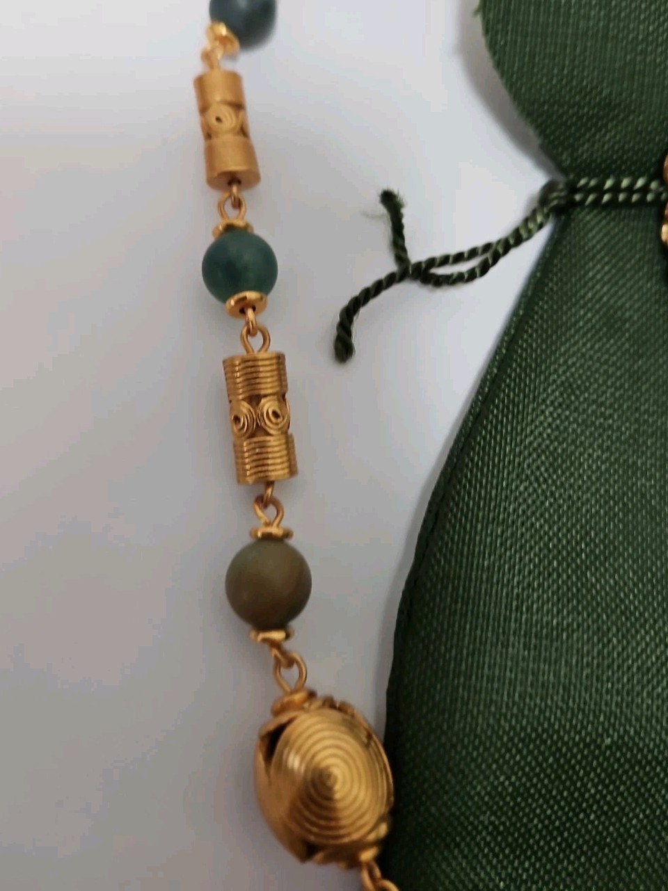 Gold Plated 24k PreColumbian Inca Pendant Necklace & Drop Earrings Set Faux Jade
