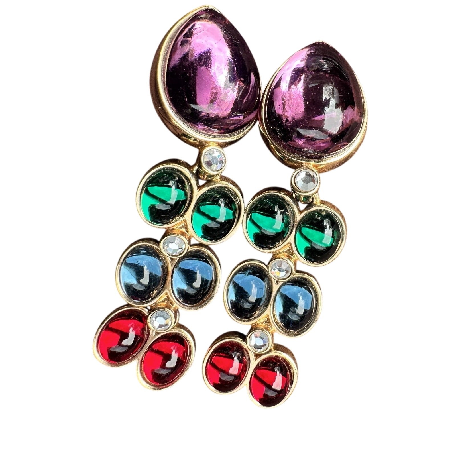Swarovski Multicolor Crystal Cabochon Gold Drop Earrings Savvy 90s Vintage