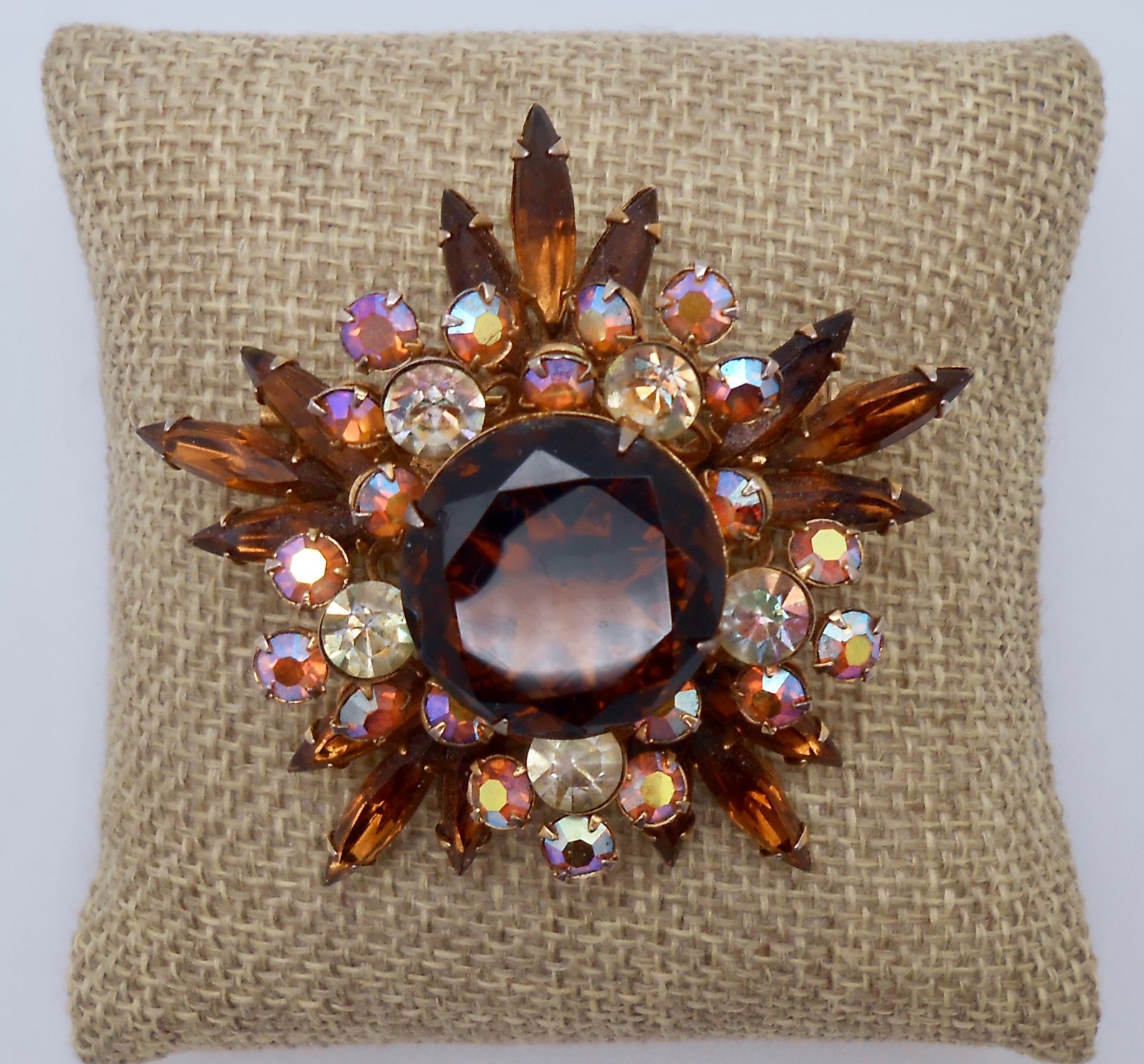 Vintage Brown AB & Clear Glass Rhinestone Layered Starburst Brooch Pin CJ83