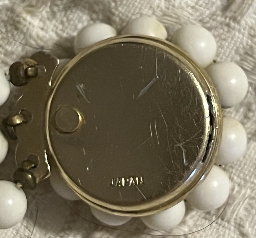 Vintage Costume Jewelry Set Bracelet Clip On Earrings White Beaded Japan Retro