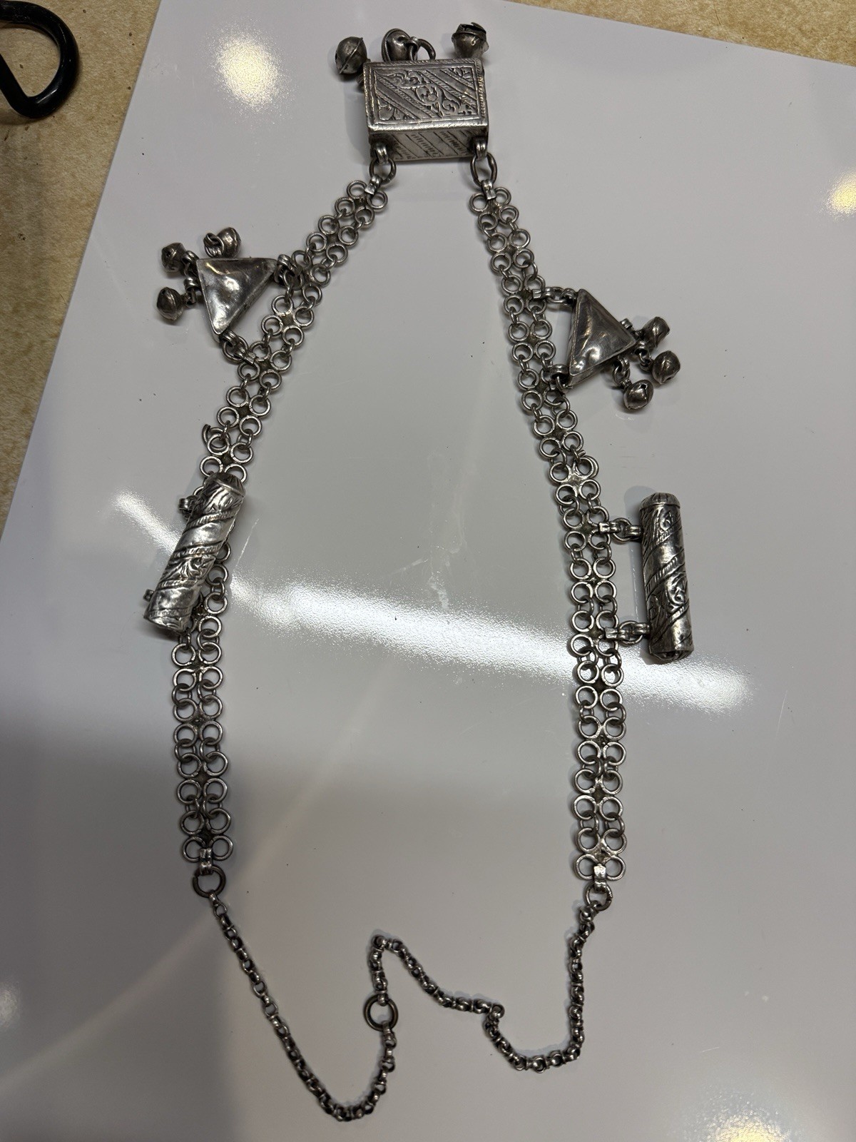 Antique silver alloy necklace, charms, 92gr. From Middle East. Mid-Century.