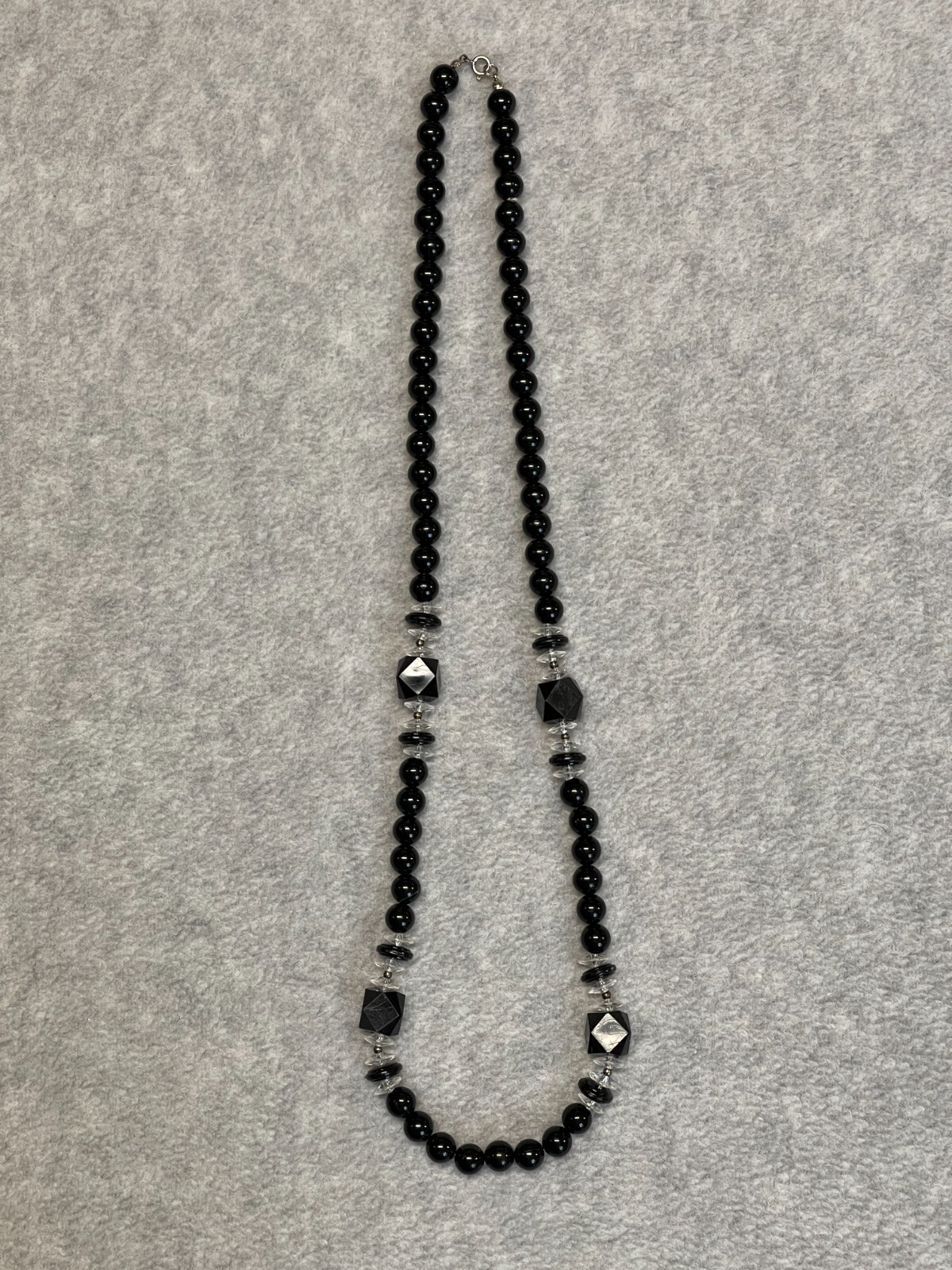 Vintage Black Fashion Necklace Beaded Faceted Classic 15 In Round And Square