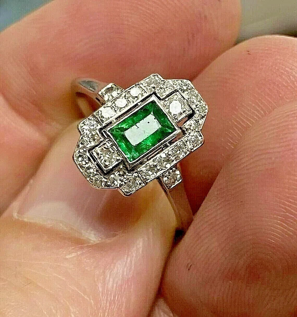 Art Deco Style Lab Created Diamond & Emerald Engagement 14k White Gold FN Ring