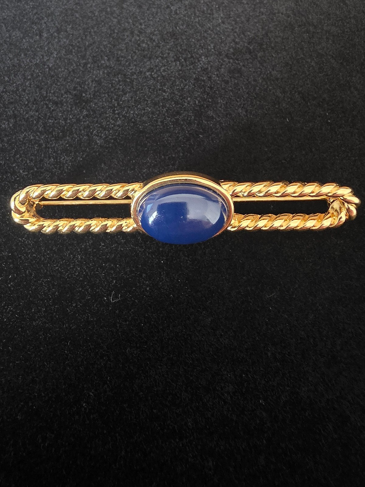 Signed Monet 1980s Gold‑Tone Bar Brooch with Blue Stone • Office Chic Vintage