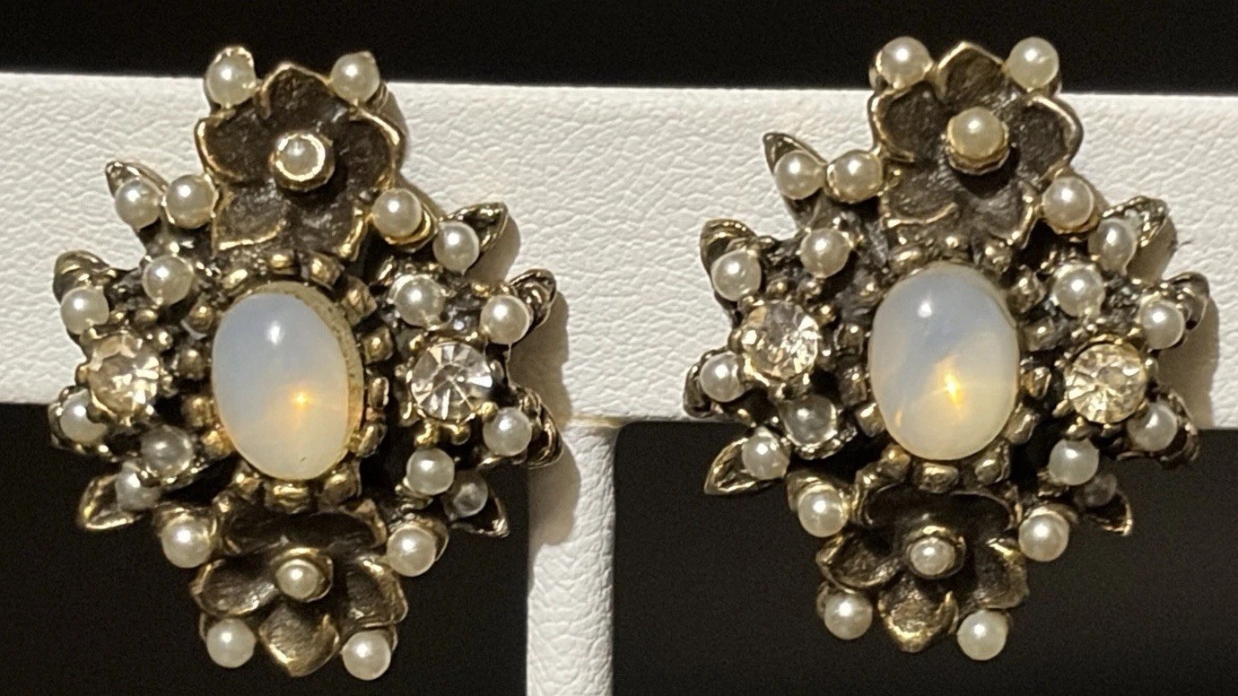 Vintage Opaline Glass Pearl Rhinestone Floral Clip Earrings Gold Tone