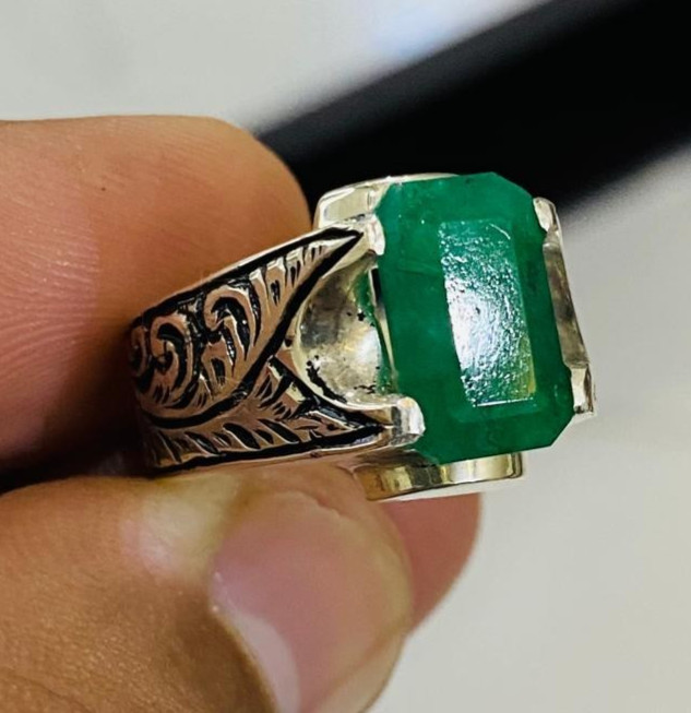 Original Zamurd Stone, Emerald Cut, Handmade Ring, Silver 925, Engraved Artisan