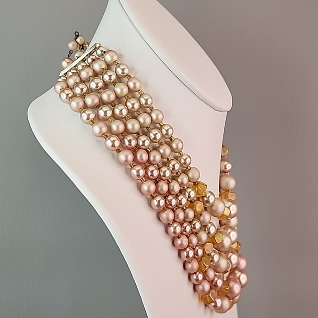 Vintage Faux Pearl Beaded Necklace Cream Pink Acrylic AB Yellow Glass Japan 16″