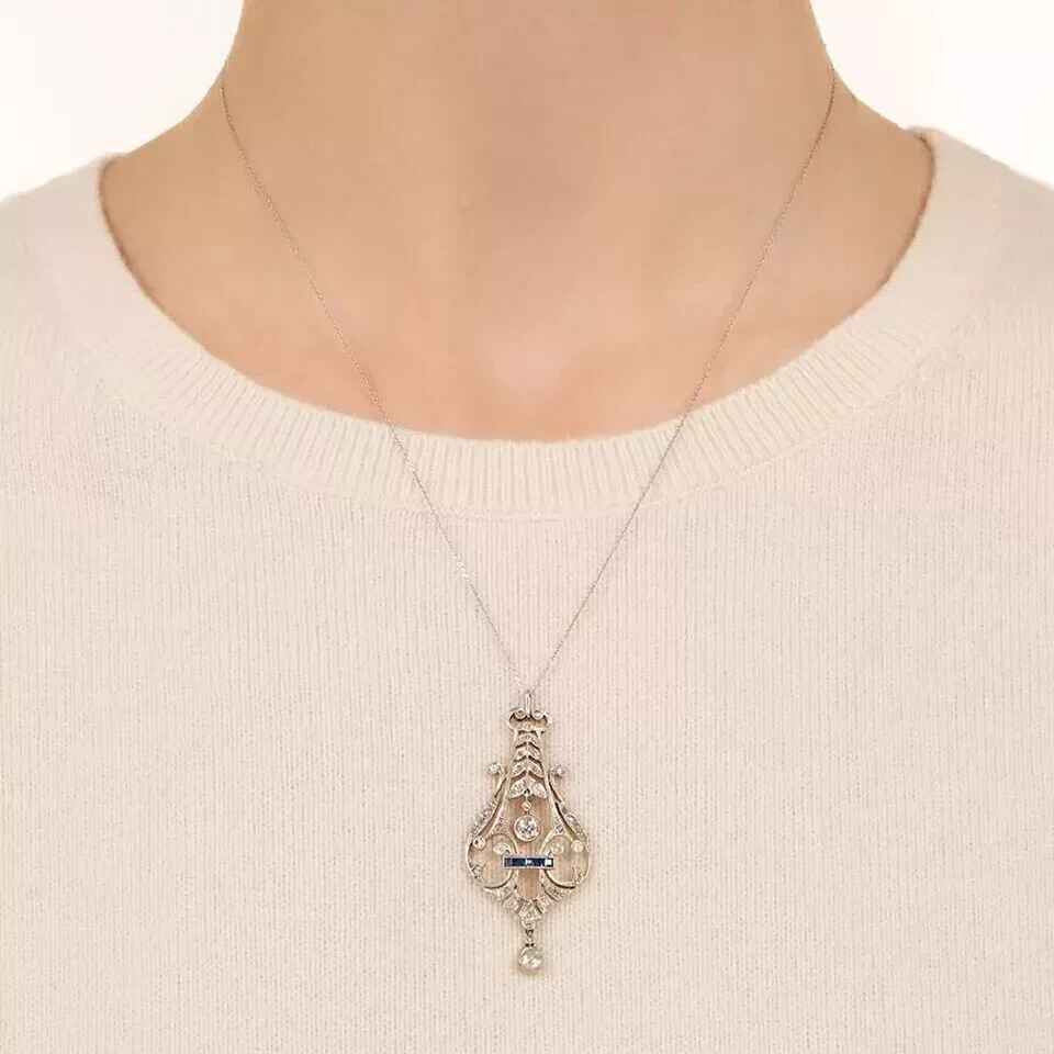 2Ct Art Deco Style Lab Created Diamond & Sapphire 14k White Gold Finish Pendant
