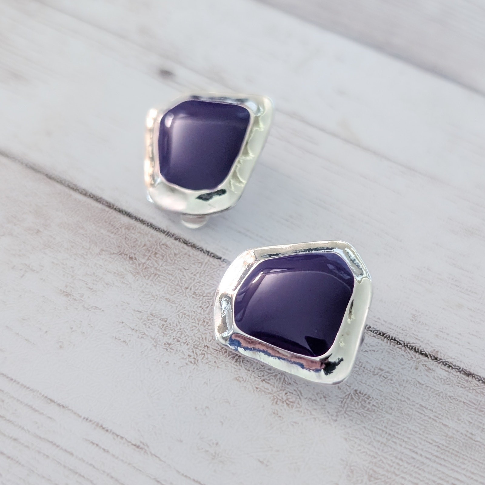 Vintage Clip On Earrings Unusual Statement Purple & Silver Tone Stylish