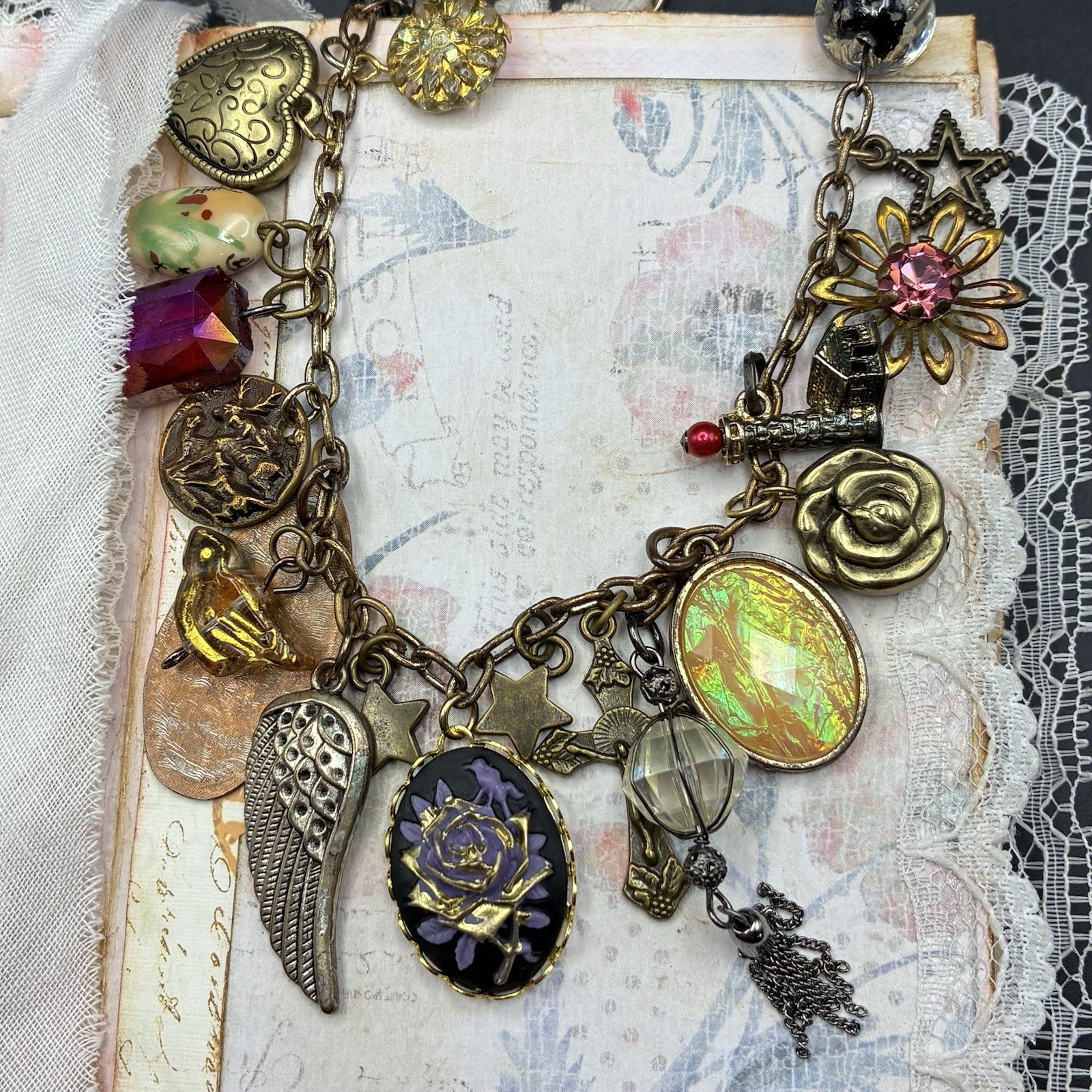 Vintage Brassy-Bronzy Chain Necklace of Mixed Metals: Heart, Bird, Deer, Angel +