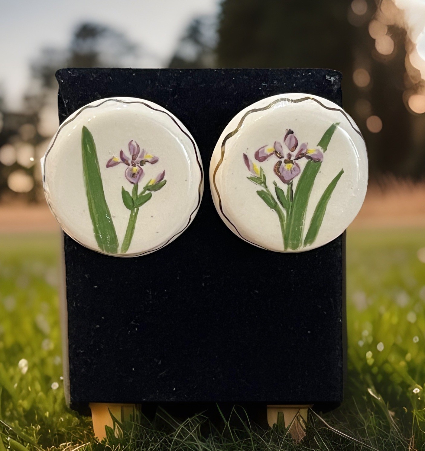 Vintage Porcelain Round Purple Lily Floral Stud Earrings Signed