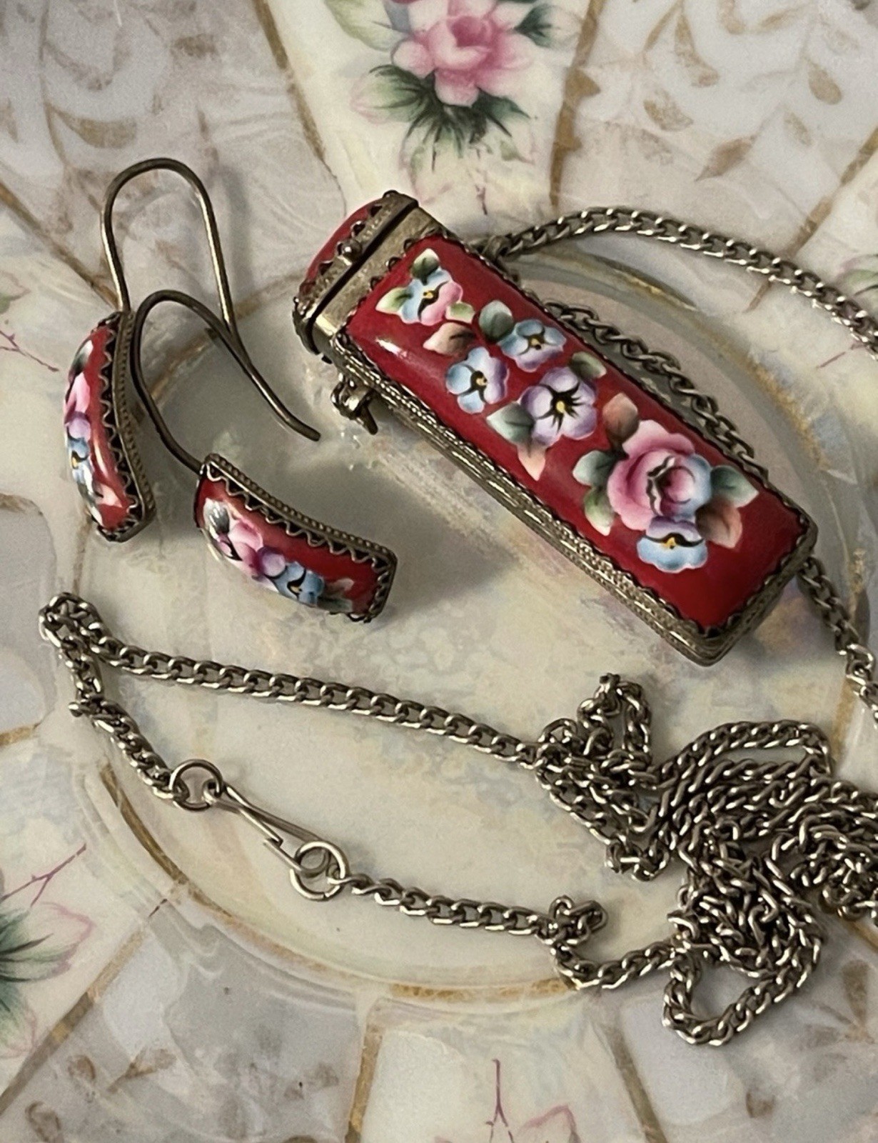 Vintage Russian Finfit Hand Painted Enamel Pillbox Locket & Earring Set