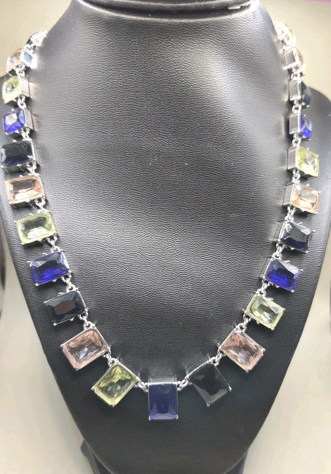 Art Deco Style Choker Necklace 20″ Faceted Chunky Multi Glass Statement 0330