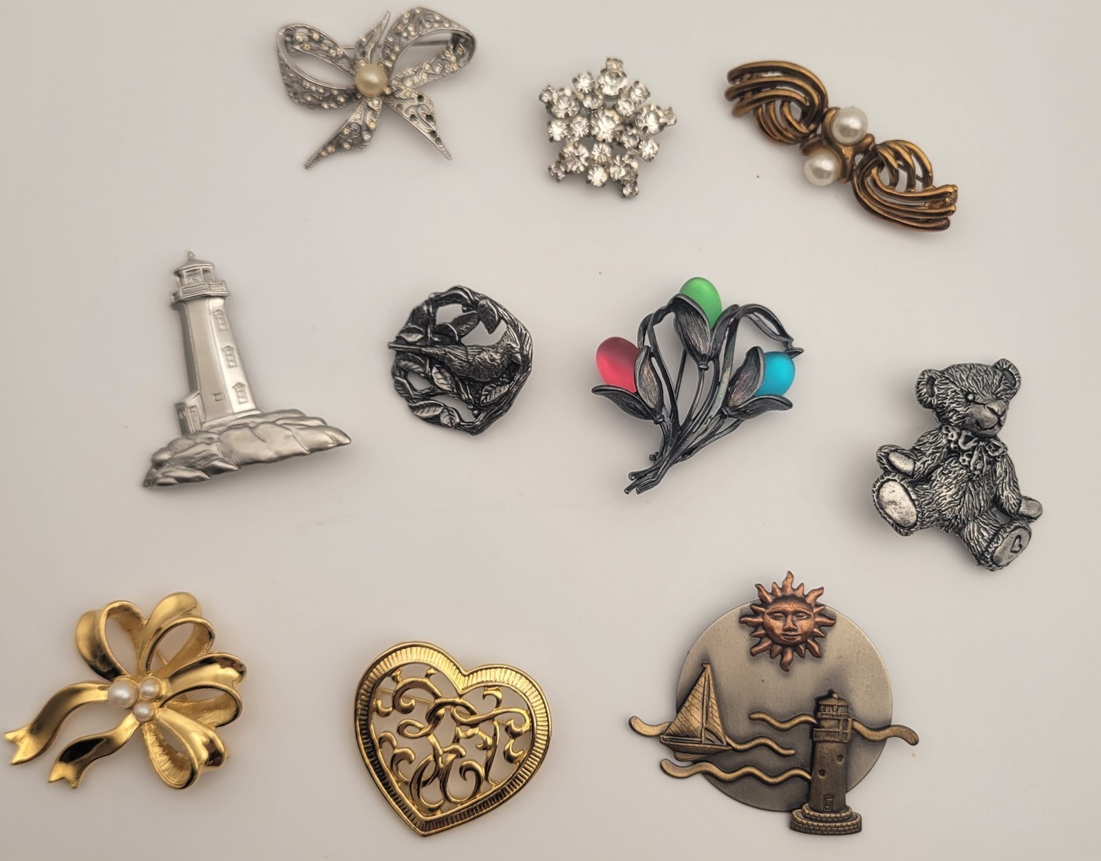 Lot of 10 Vintage Brooches JJ, K&T, Avon, Birds & Blooms & Unmarked