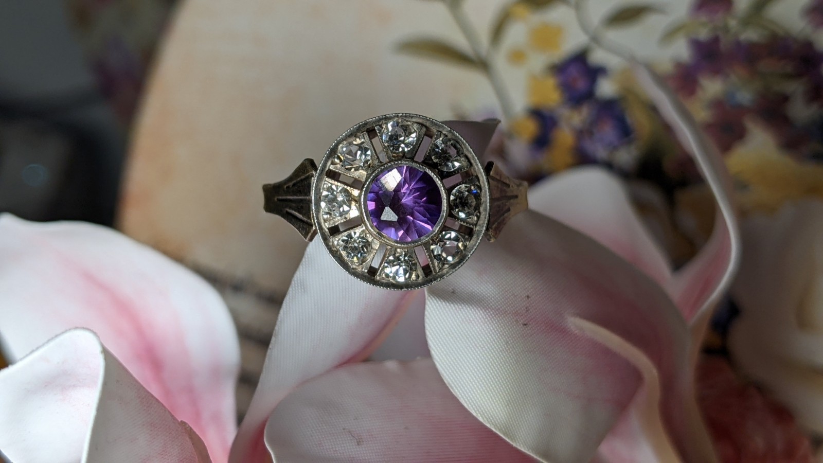 Vintage Soviet silver ring, 875 silver, purple stone with zircons, size 8.5