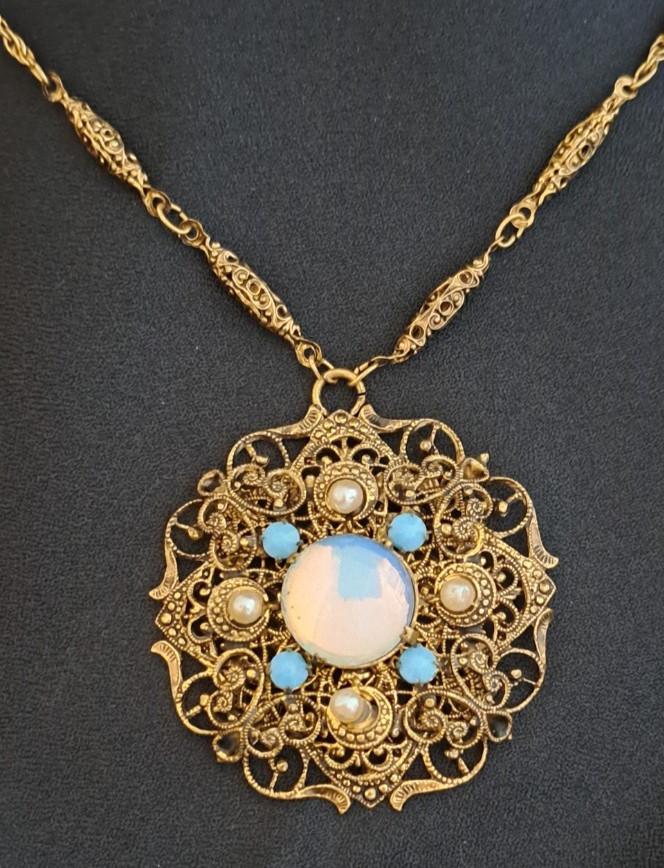 Vintage W. Germany? Gold Filigree Opaline Cabochon & Accented Pendant Necklace