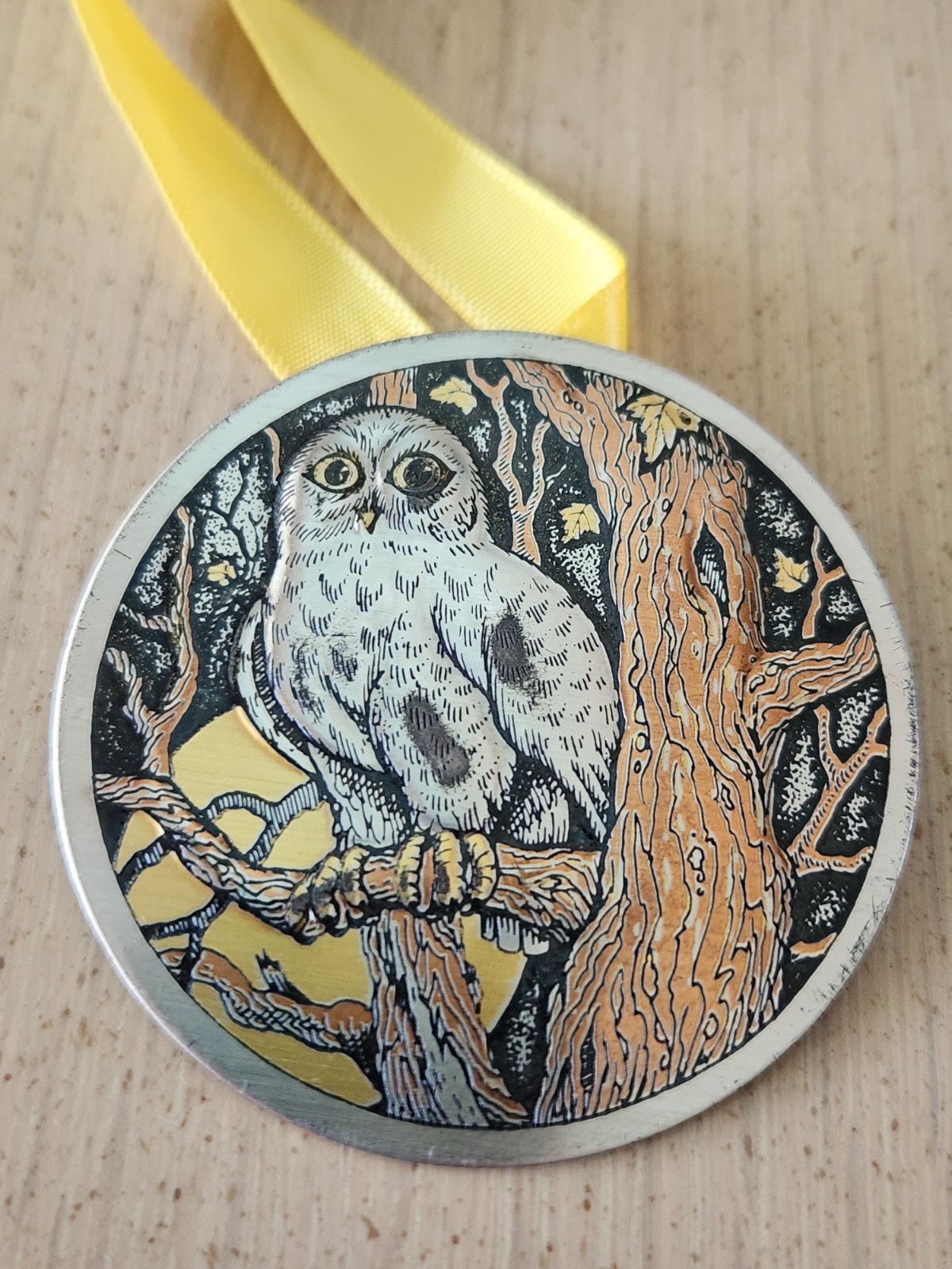 Vintage Reed & Barton Damascene gold washed Ornament Pendant Owl in Forest