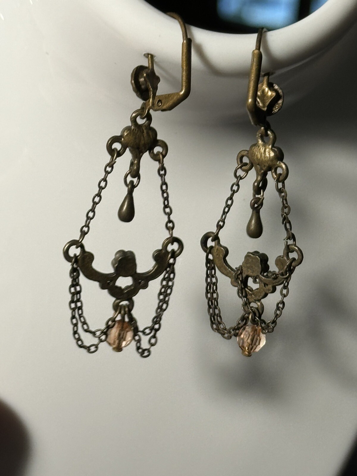 Antique Chandelier Peach Beads Earrings Alloy Metal Self Clasp Beautiful 2inch