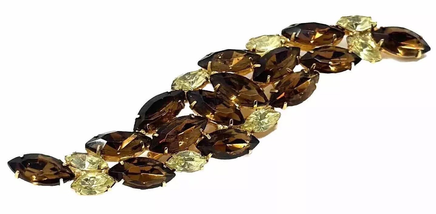 Vintage Juliana Brown Yellow Crystal Rhinestone Gold Tone Navette Brooch Pin